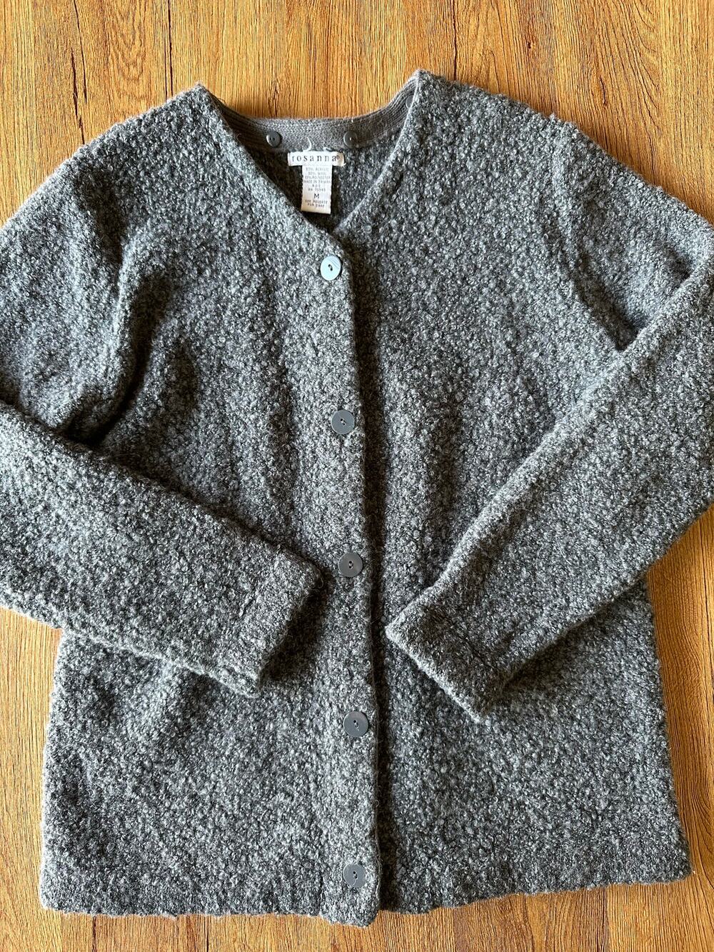 Rosanna Vtg Grey Sherpa Cardigan Wool Blend Sweater Size Medium